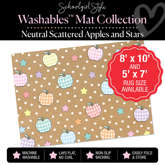 Scattered Pastel Apples, Stars and Polka Dots on Banner Backdrop Classroom Mat by Schoolgirl Style
