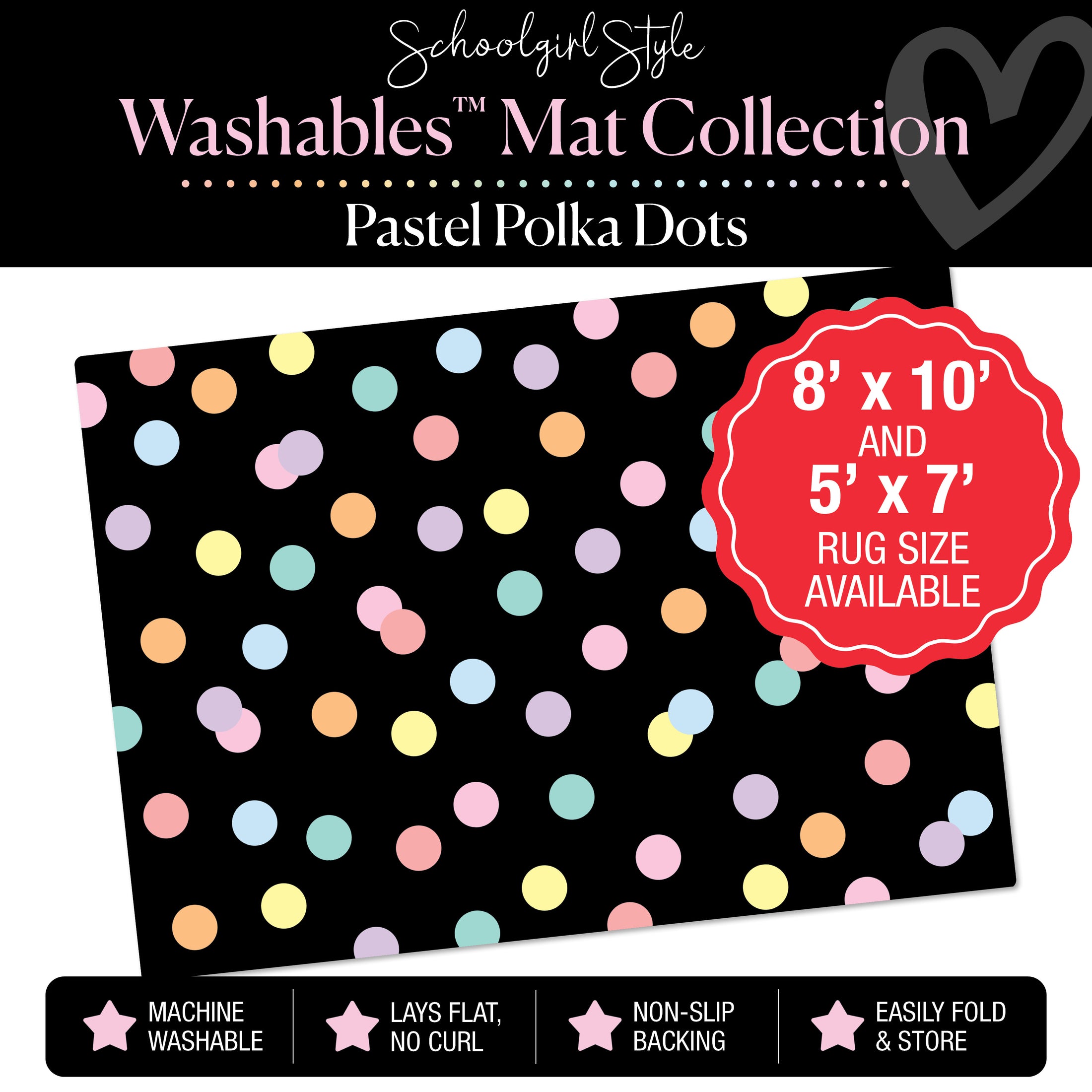 Scattered Pastel Polka Dots on Black Background Classroom Mat by Schoolgirl Style