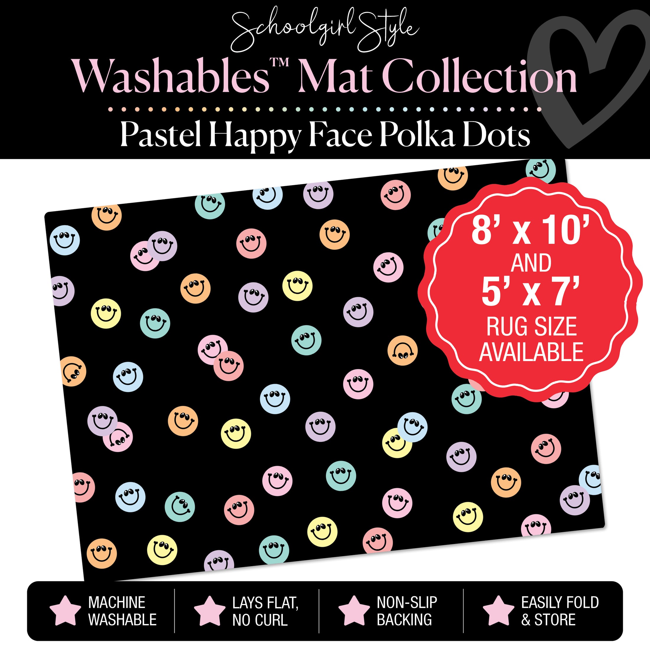 Scattered Pastel Happy Faces on Black Background Classroom Mat by Schoolgirl Style