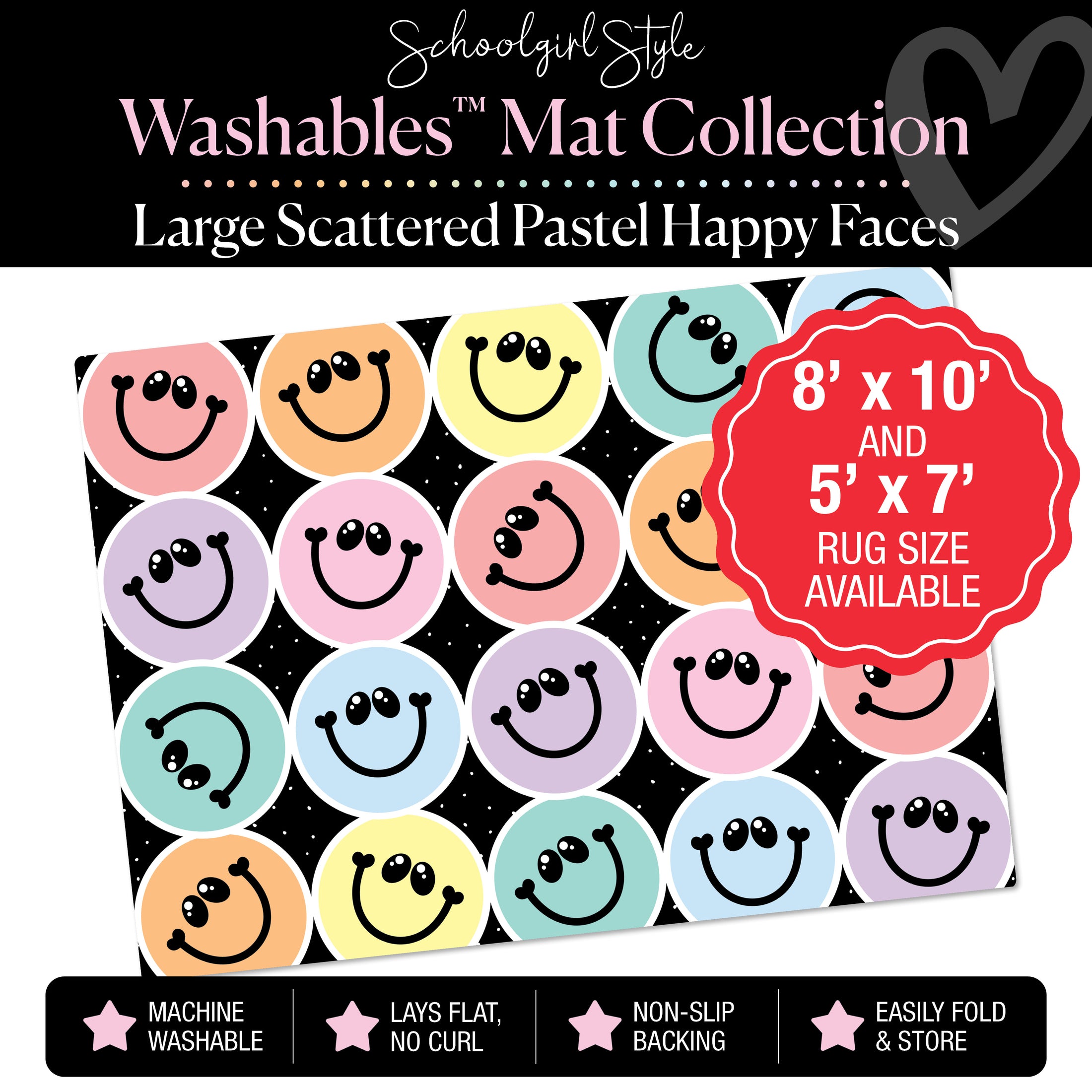 Large Scattered Pastel Happy Faces Classroom Mat by Schoolgirl Style