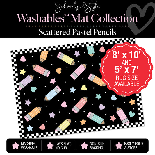 Pastel Scattered Pencils on Black Background Classroom Mat by Schoolgirl Style