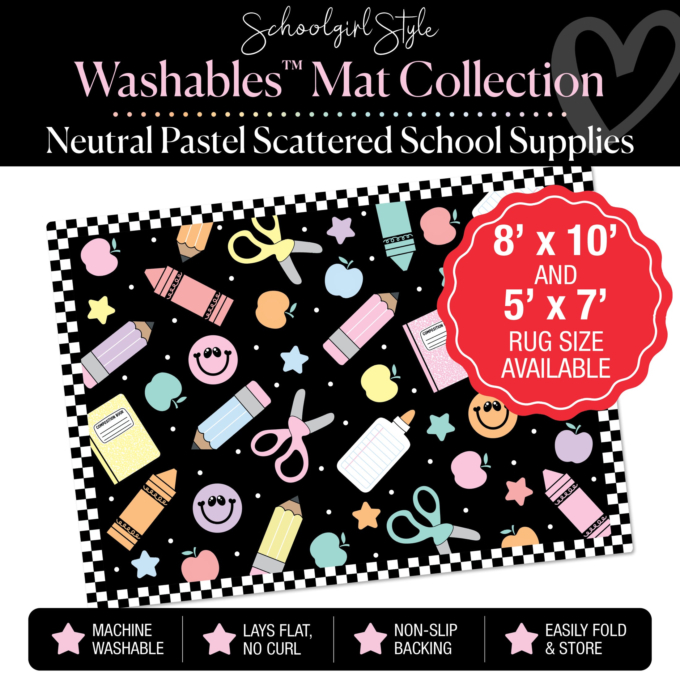 Pastel Scattered School Supplies with Checkerboard Border on Black Background Classroom Mat by Schoolgirl Style