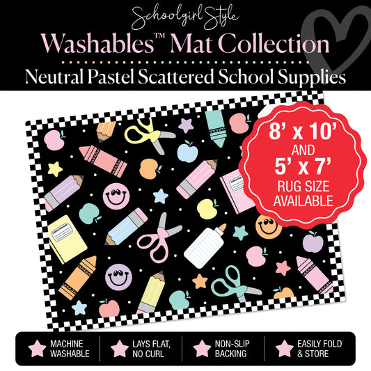 Pastel Scattered School Supplies with Checkerboard Border on Black Background Classroom Mat by Schoolgirl Style