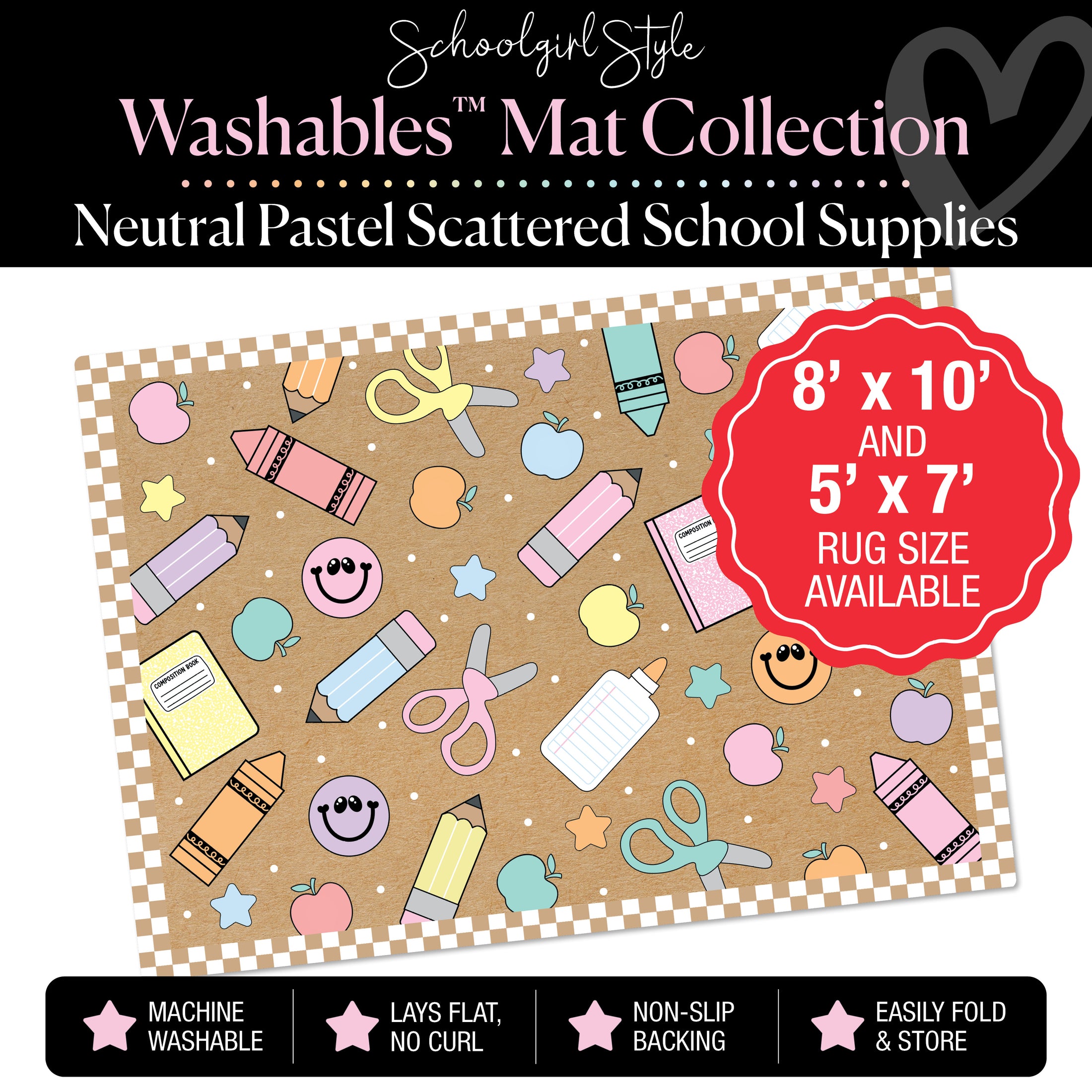 Pastel Scattered School Supplies with Checkerboard Border on Kraft Background Classroom Mat by Schoolgirl Style