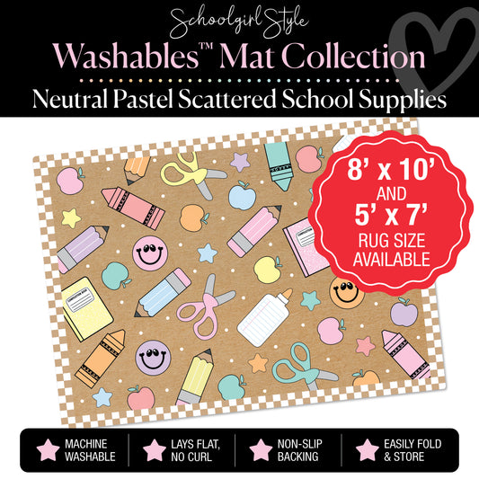 Pastel Scattered School Supplies with Checkerboard Border on Kraft Background Classroom Mat by Schoolgirl Style
