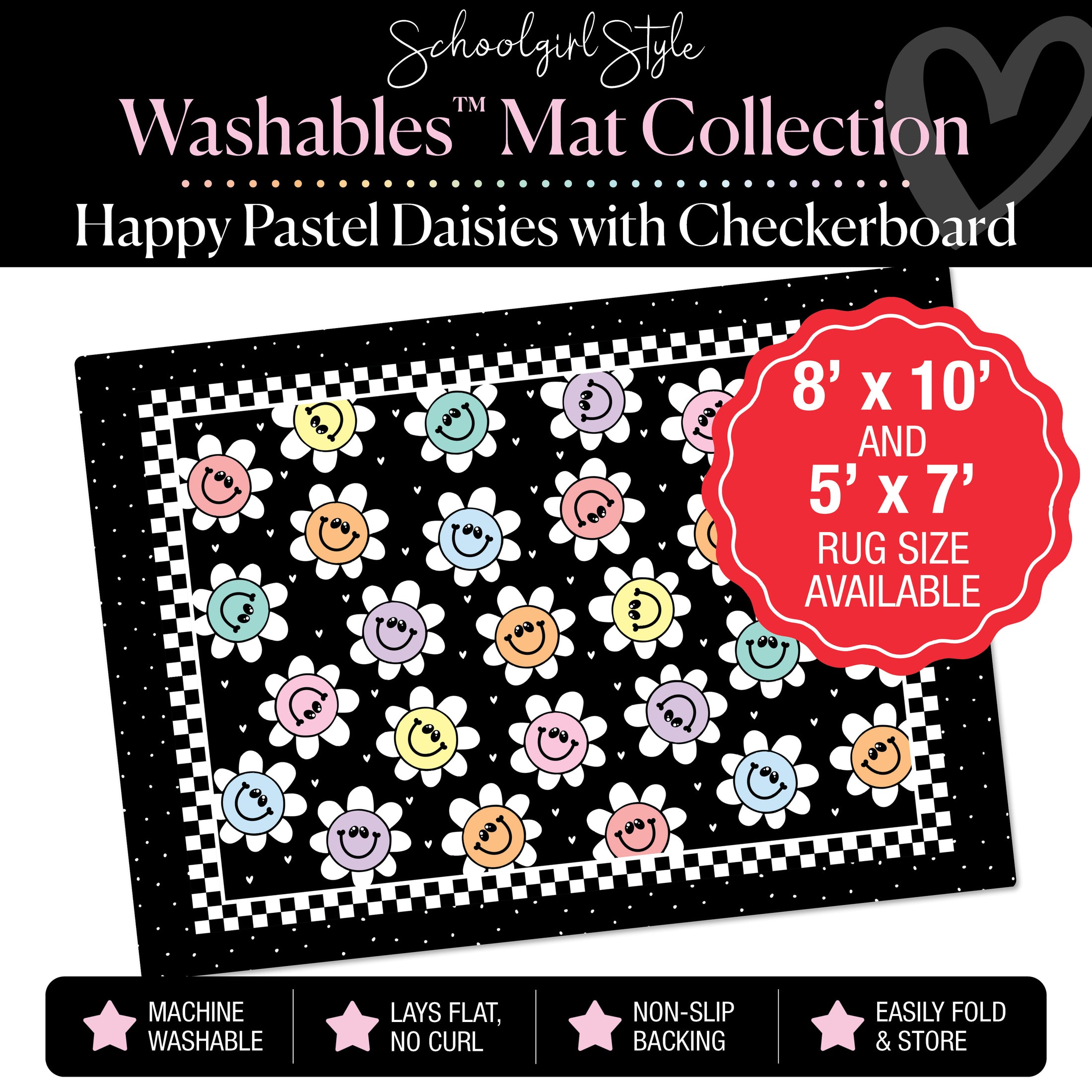 Happy Pastel Daisies with Checkerboard Border Classroom Mat by Schoolgirl Style