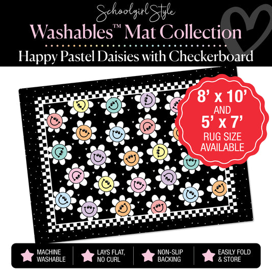 Happy Pastel Daisies with Checkerboard Border Classroom Mat by Schoolgirl Style