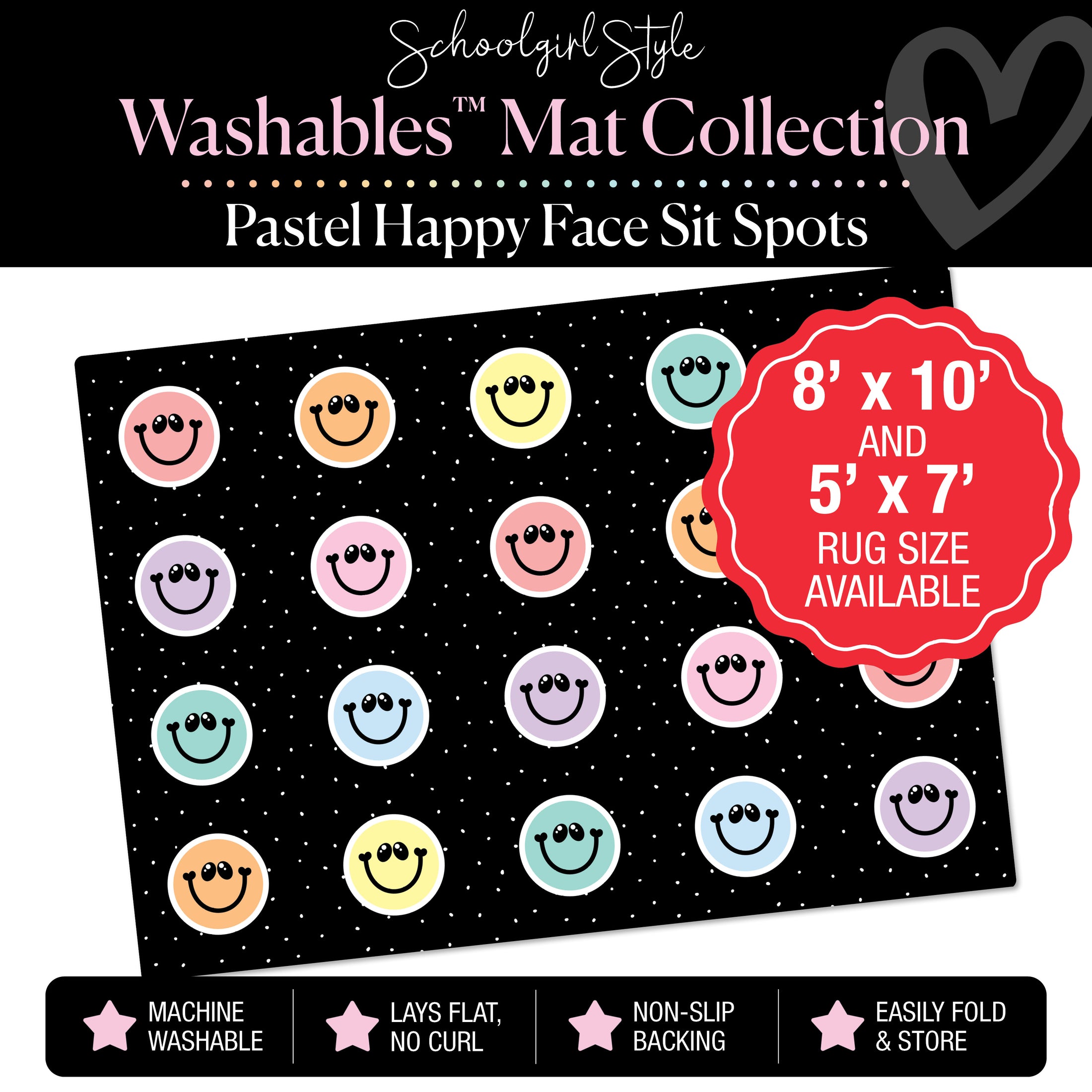 Pastel Happy Faces Sit Spot on Black Polka Dot Classroom Mat by Schoolgirl Style