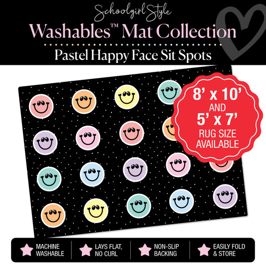 Pastel Happy Faces Sit Spot on Black Polka Dot Classroom Mat by Schoolgirl Style