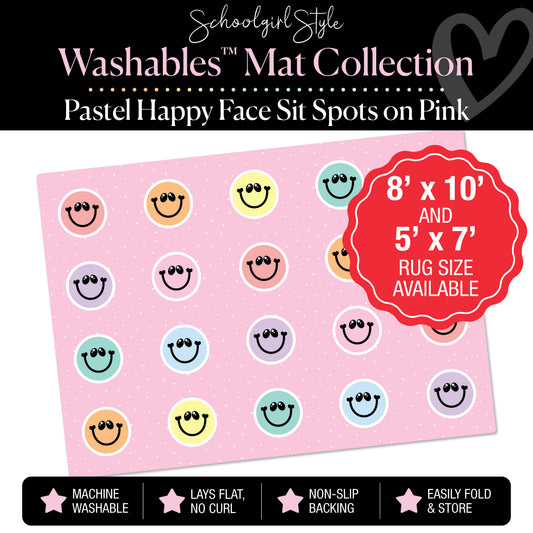 Pastel Happy Faces Sit Spot on Pink Polka Dot Classroom Mat by Schoolgirl Style