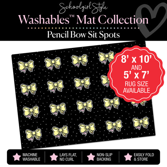 Pencil Bow Sit Spot on Black Polka Dot Classroom Mat by Schoolgirl Style
