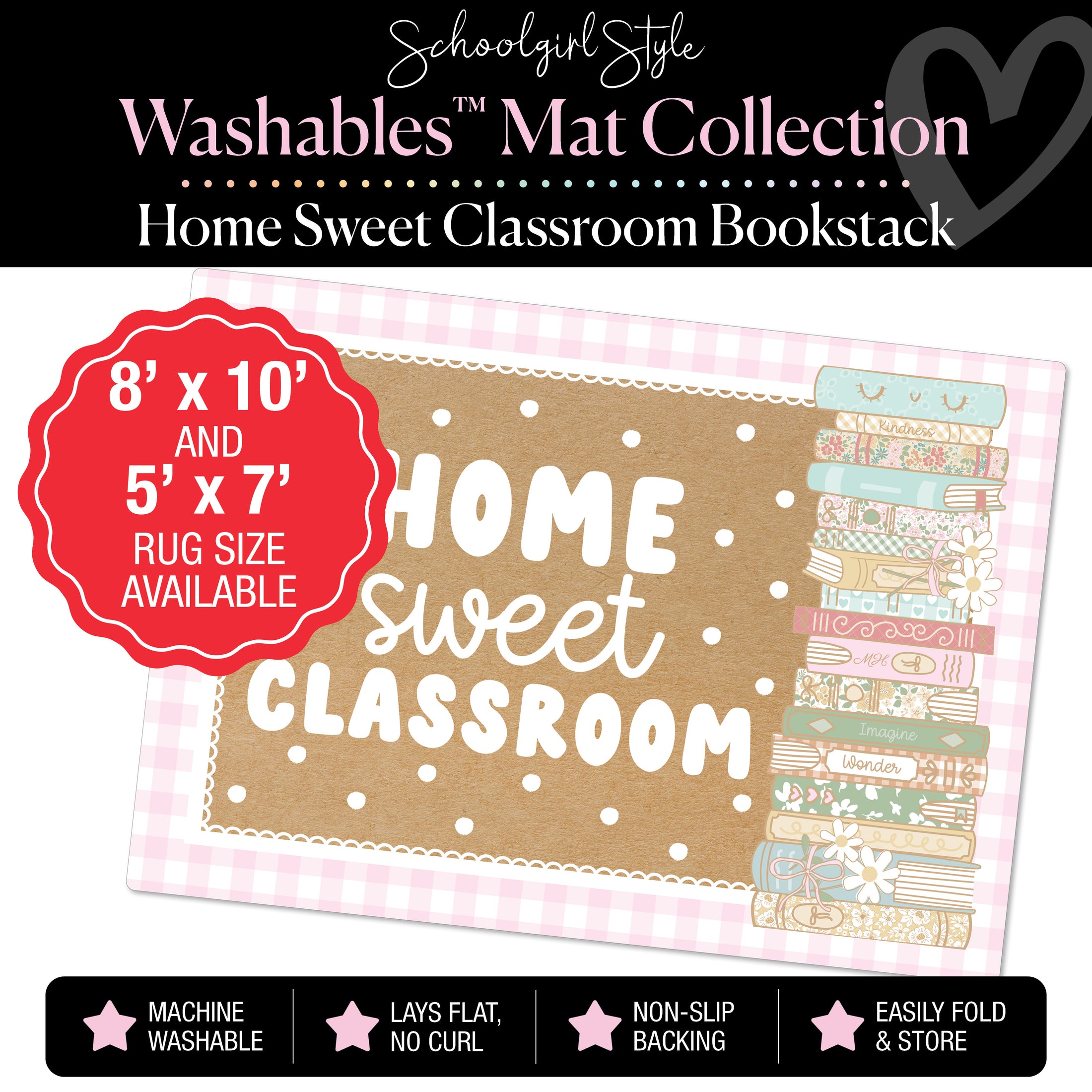 Home Sweet Classroom Bookstack with Pink Checkerboard Border and Polka Dots Classroom Mat by Schoolgirl Style