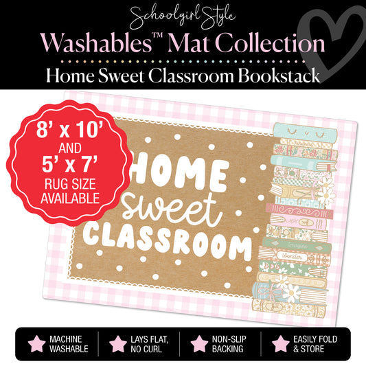 Home Sweet Classroom Bookstack with Pink Checkerboard Border and Polka Dots Classroom Mat by Schoolgirl Style