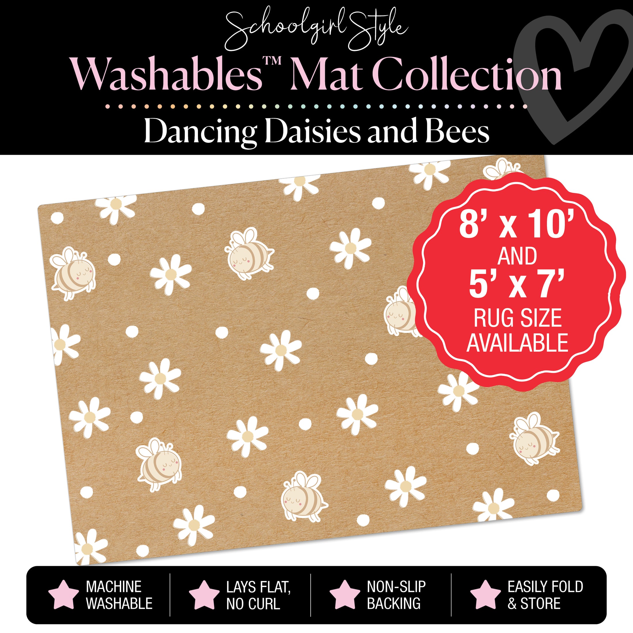Dancing Daisies and Bees on Neutral Backdrop Classroom Mat by Schoolgirl Style