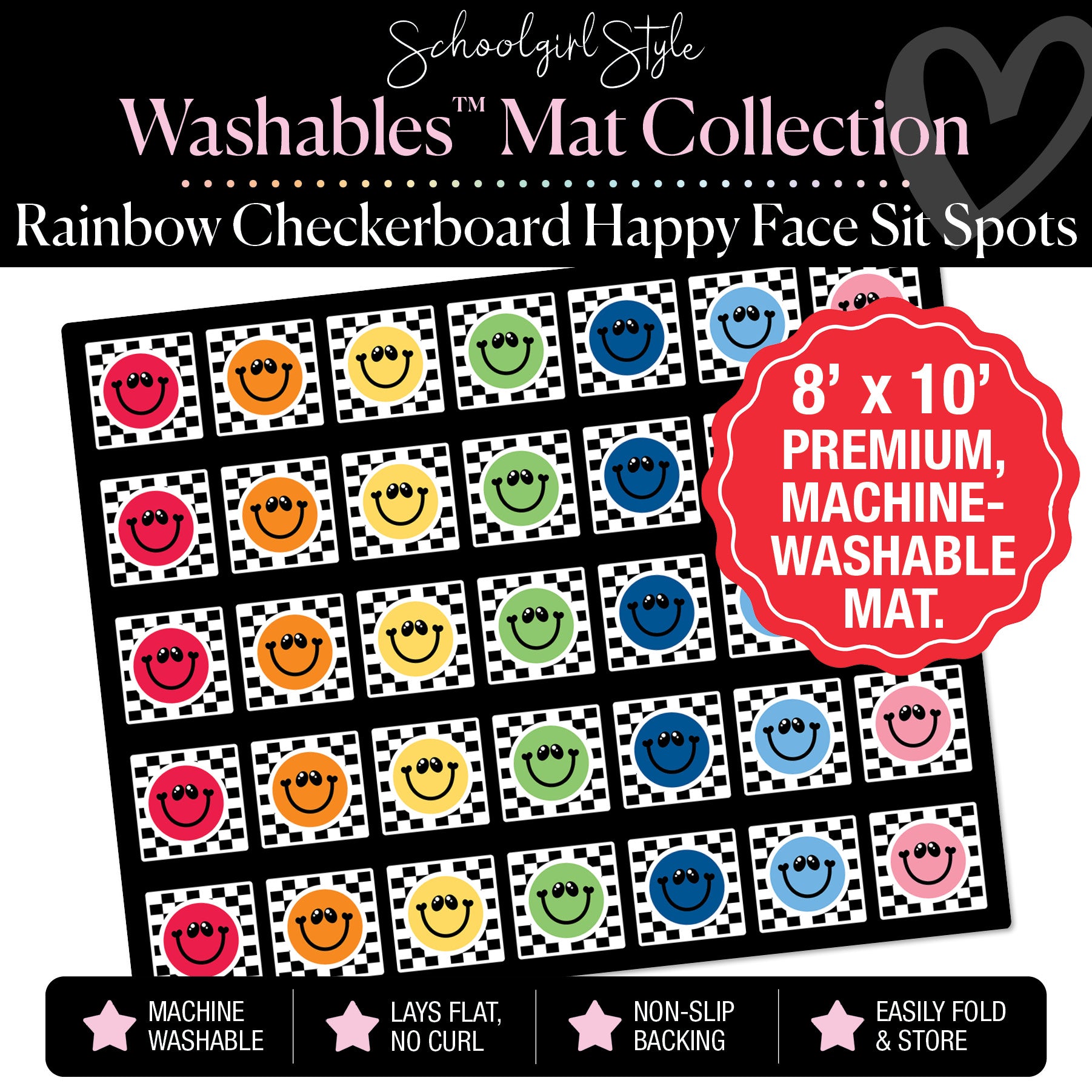 Rainbow Happy Faces on Checkerboard Background Squares Sit Spot Classroom Mat by Schoolgirl Style