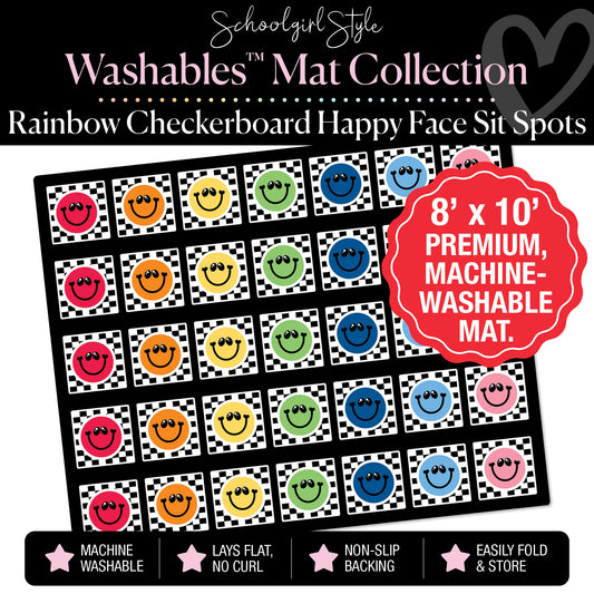 Rainbow Happy Faces on Checkerboard Background Squares Sit Spot Classroom Mat by Schoolgirl Style