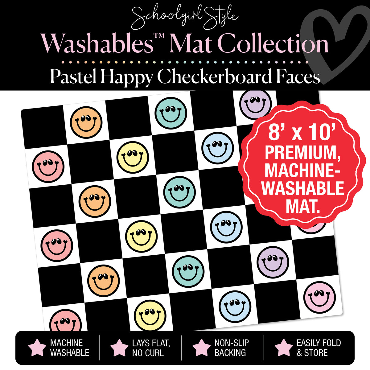 Pastel Happy Faces on Black and White Checkerboard Classroom Mat by Schoolgirl Style