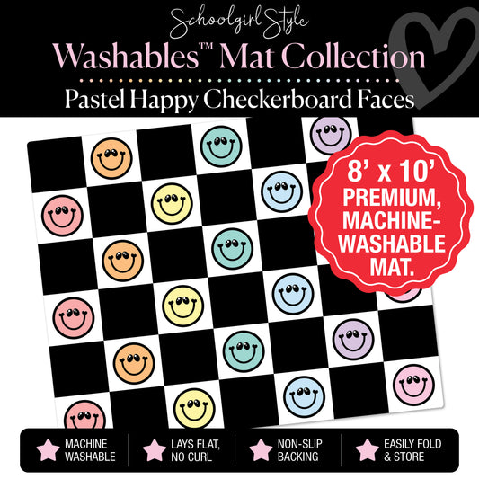 Pastel Happy Faces on Black and White Checkerboard Classroom Mat by Schoolgirl Style