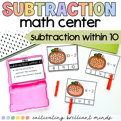 Fall Subtraction Within 10 Math Center | Pumpkin Seeds | Kindergarten, 1st Grade