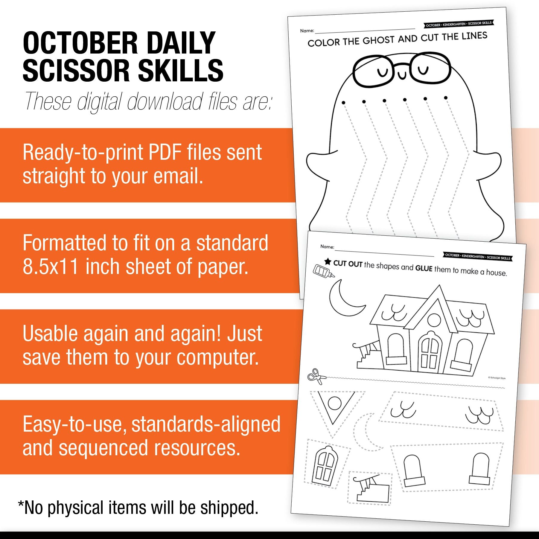 Printable Kindergarten October Scissor Skills Worksheets