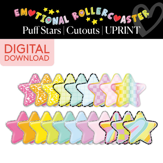 Printable Rainbow Pastel Puff Stars Bulletin Board Cutouts | Emotional Rollercoaster