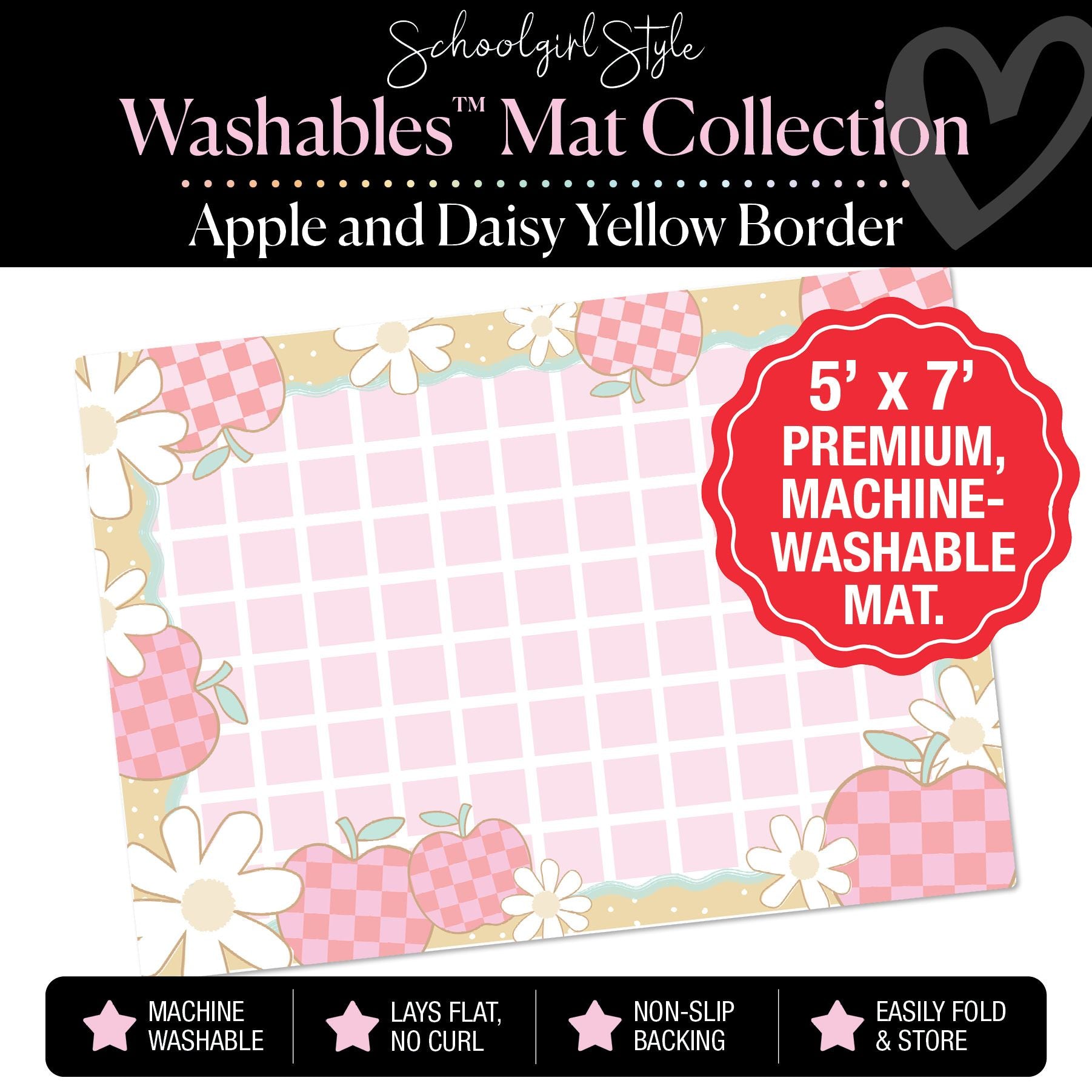 Yellow Apple and Daisy Pink Grid Classroom Mat by Schoolgirl Style