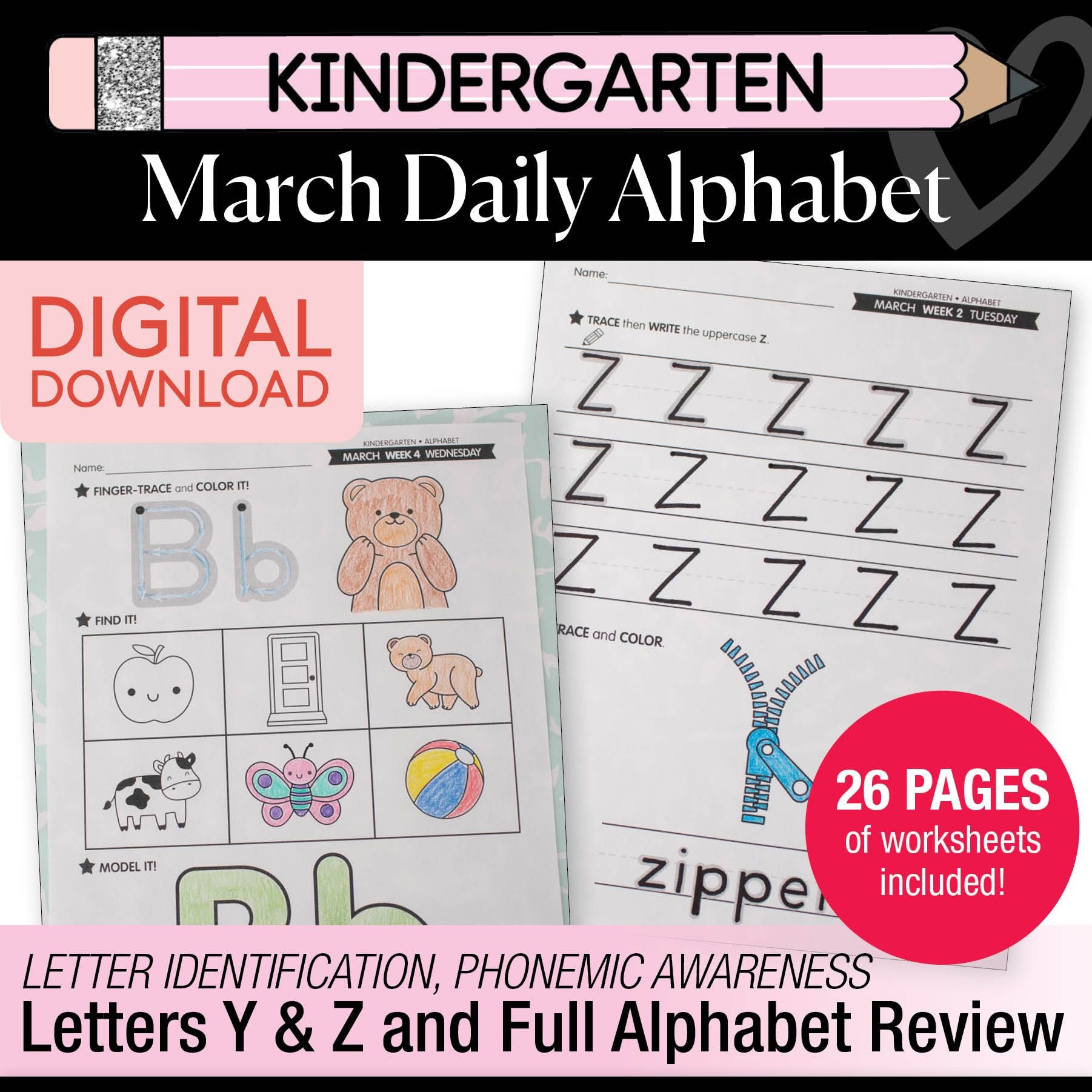 Printable Kindergarten March Daily Alphabet (Y, Z, & Full Alphabet Review)