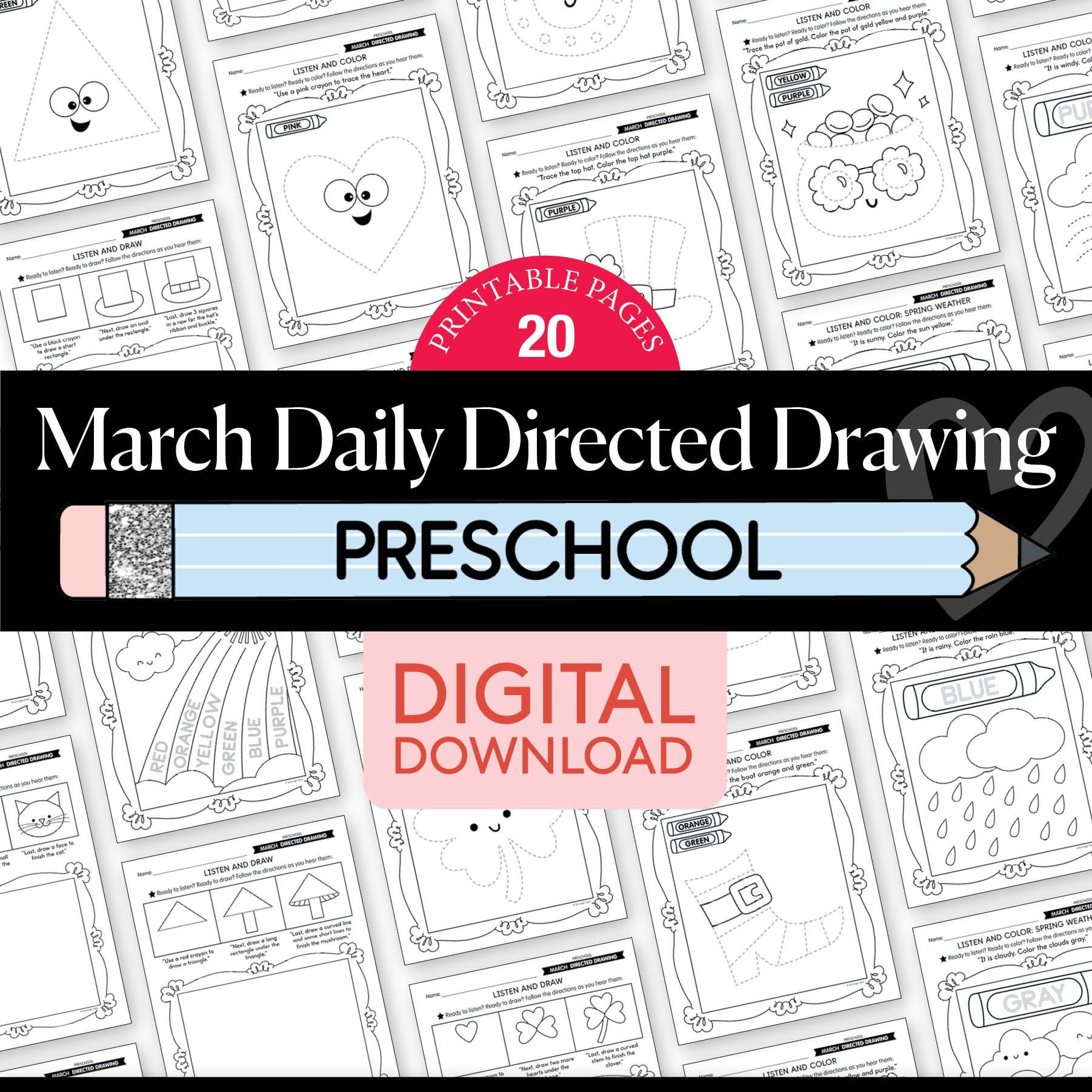 Printable Preschool March Directed Drawing Worksheets