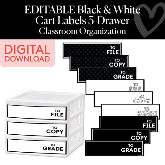 Printable Black and White Three-Drawer Organizer Labels