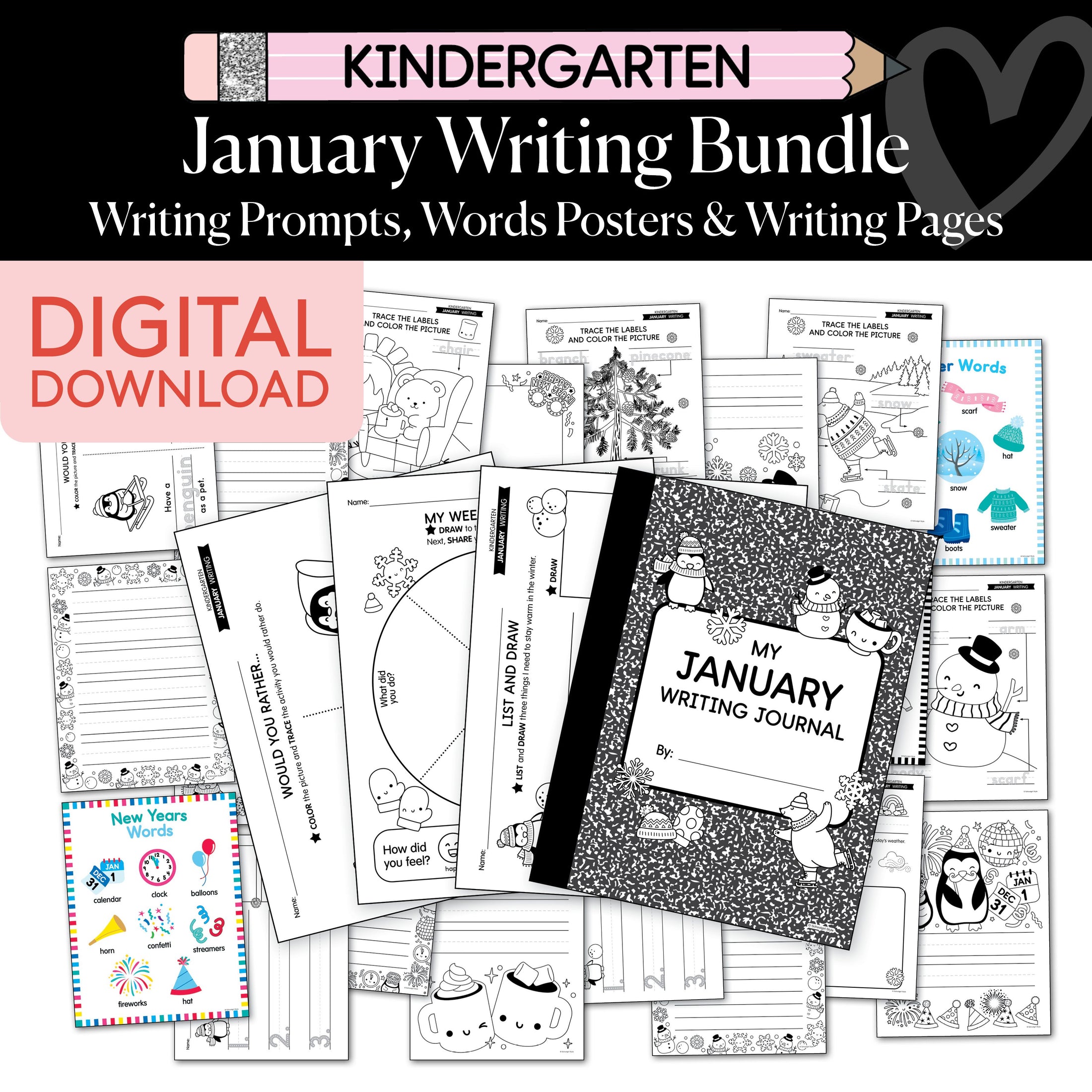 Printable Kindergarten January Writing Bundle