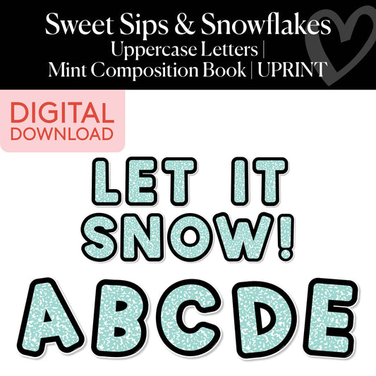 Printable Winter Mint Composition Book Uppercase Letters | Sweet Sips and Snowflakes
