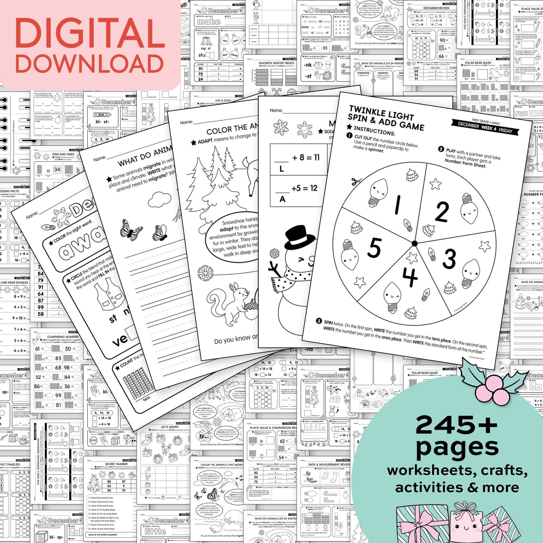 Printable First Grade December Thematic Unit Bundle