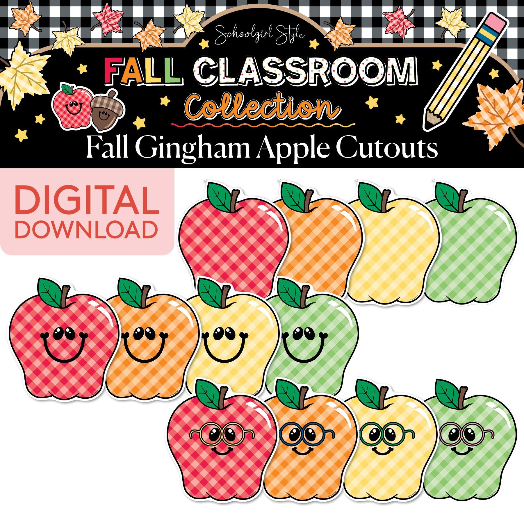 Printable Fall Gingham Apples With and Without Faces Cutouts | 90s Teacher