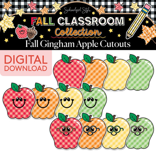Printable Fall Gingham Apples With and Without Faces Cutouts | 90s Teacher