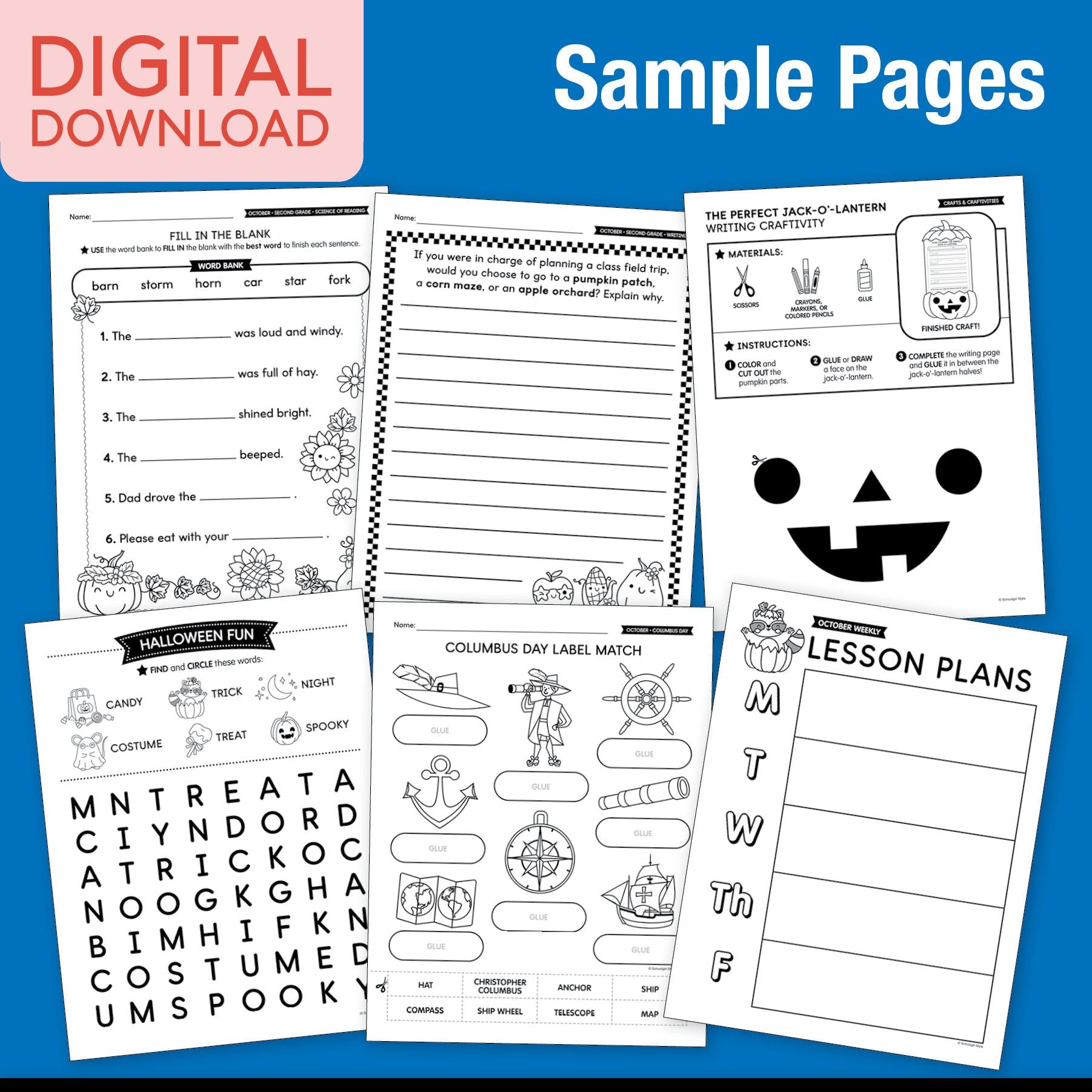 Printable Second Grade October Thematic Unit Bundle