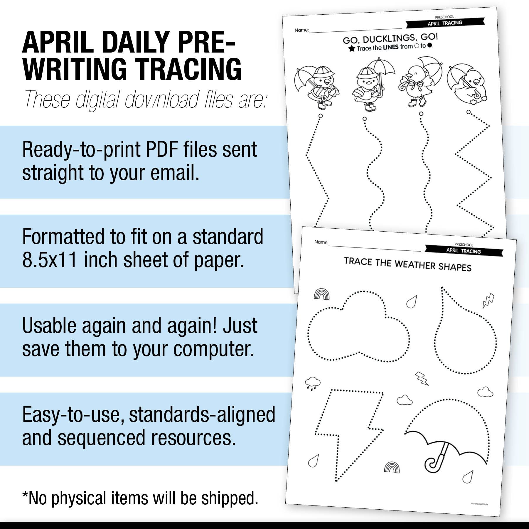 Printable Preschool April Daily Pre-Writing Tracing