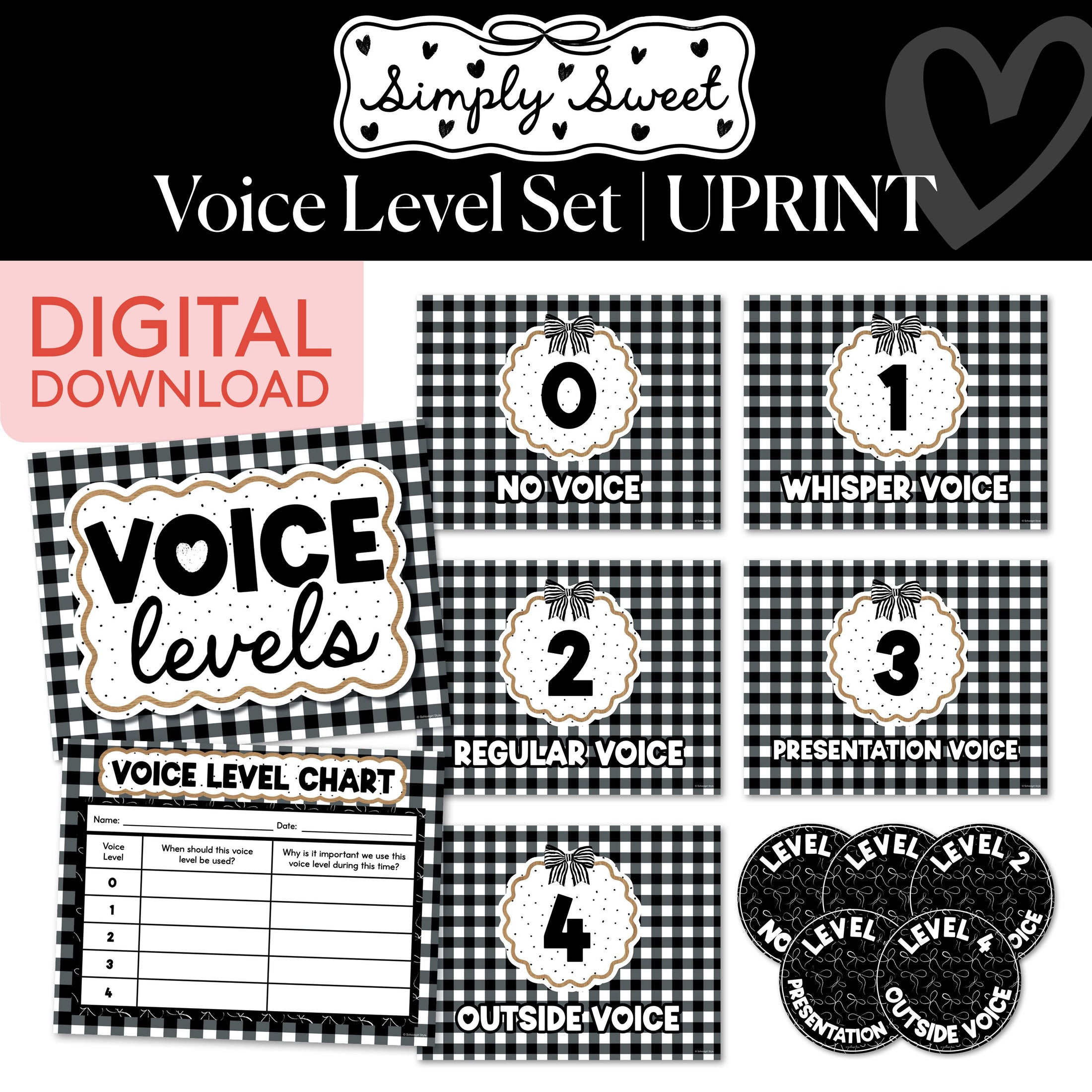 Printable Classic Black and White Voice Level Set | Simply Sweet