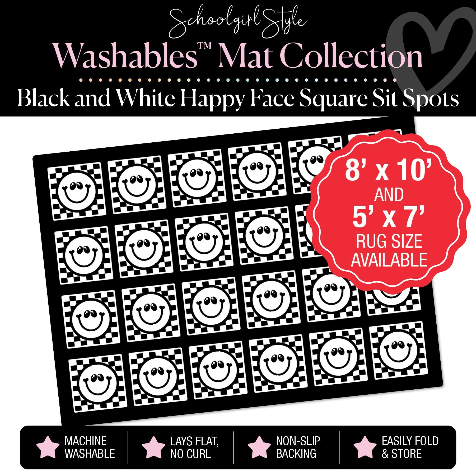 Black and White Happy Faces on Checkerboard Background Squares Sit Spot Classroom Mat by Schoolgirl Style