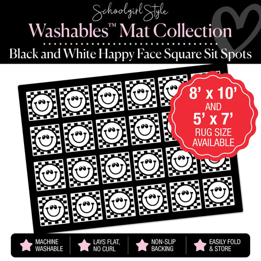 Black and White Happy Faces on Checkerboard Background Squares Sit Spot Classroom Mat by Schoolgirl Style
