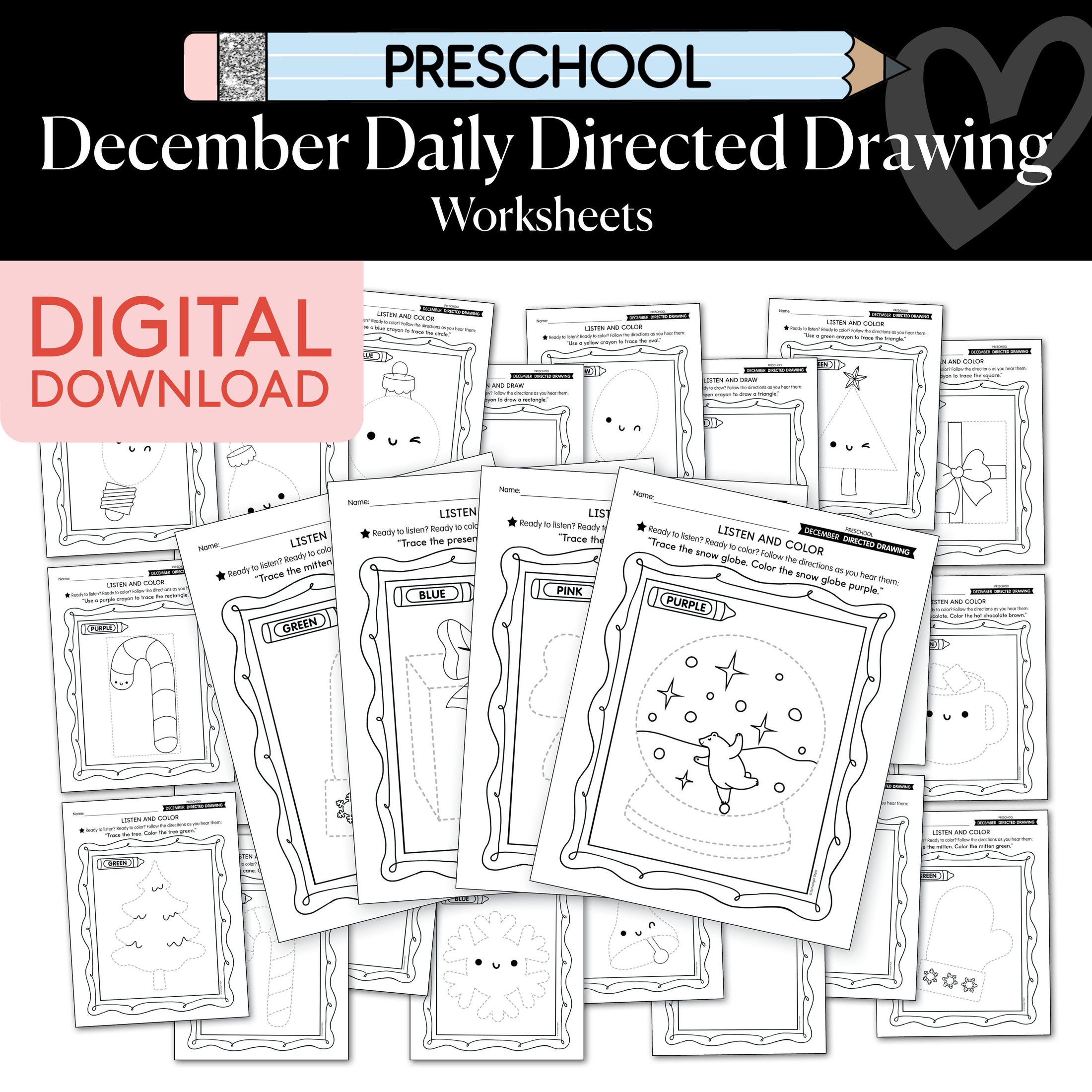 Printable Preschool December Directed Drawing Worksheets