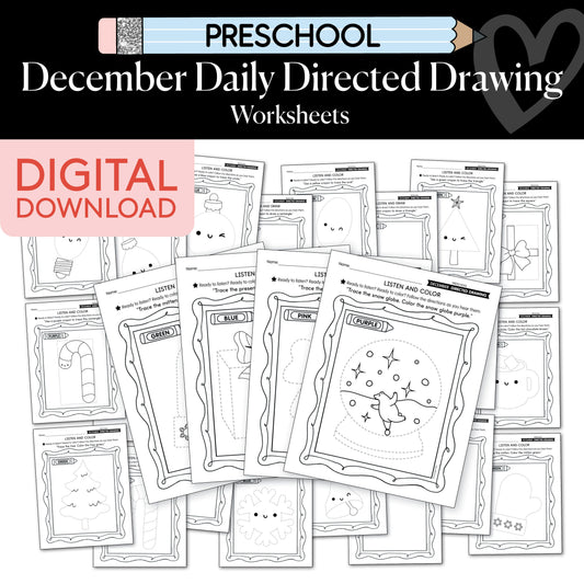Printable Preschool December Directed Drawing Worksheets