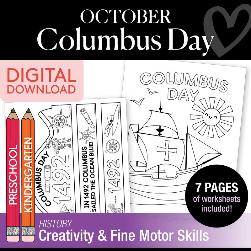 Printable Preschool and Kindergarten Columbus Day Worksheets Activities and Coloring Pages