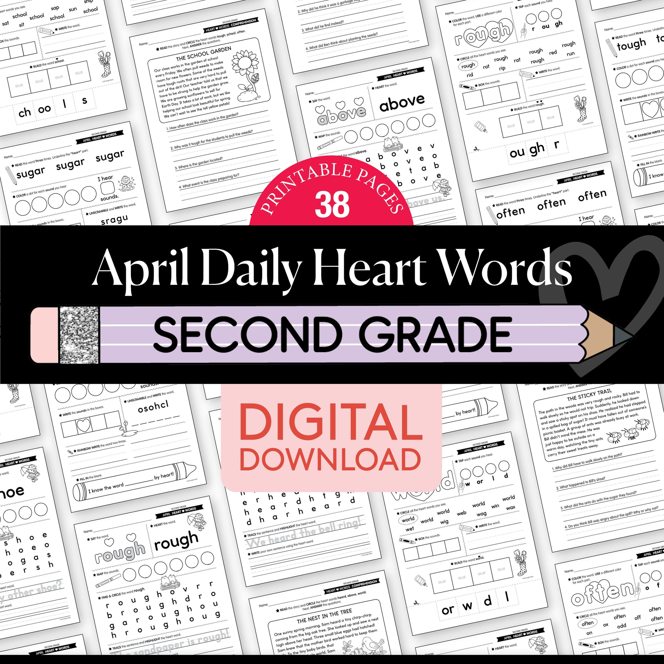 Printable Second Grade April Daily Heart Words