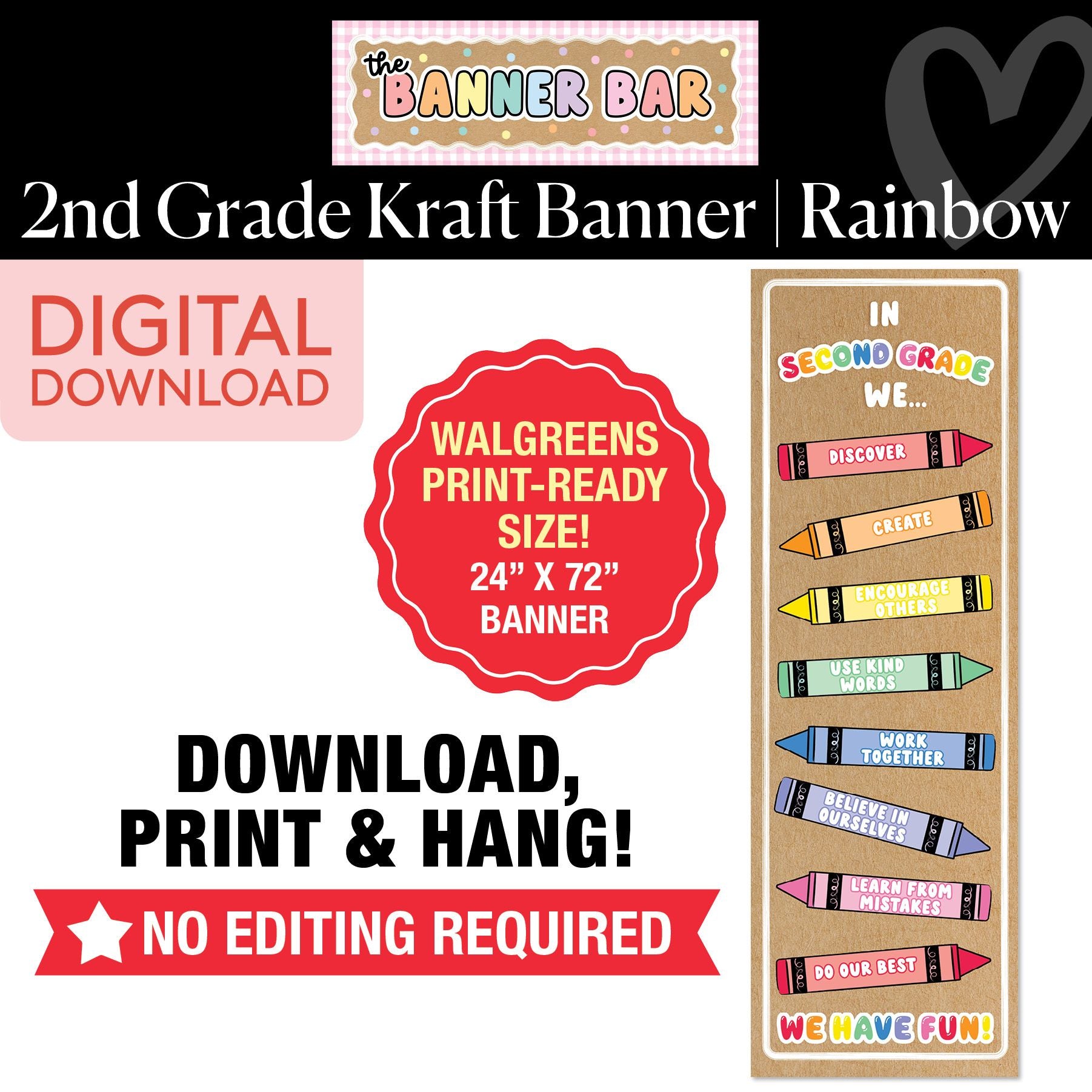 Second Grade Rainbow Crayons Walgreens Ready Kraft Style Vertical Banner