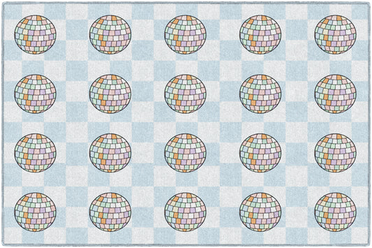 Disco Balls on Blue Checkerboard Sit Spots | Classroom Rugs | Schoolgirl Style