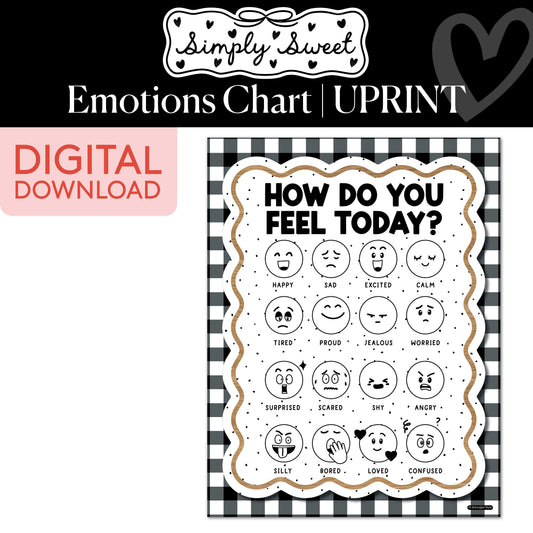 Printable Classic Black and White Emotions Chart | Simply Sweet