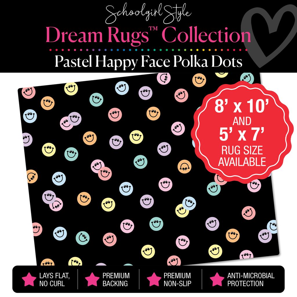 Scattered Pastel Happy Faces on Black Background Classroom Rug by Schoolgirl Style