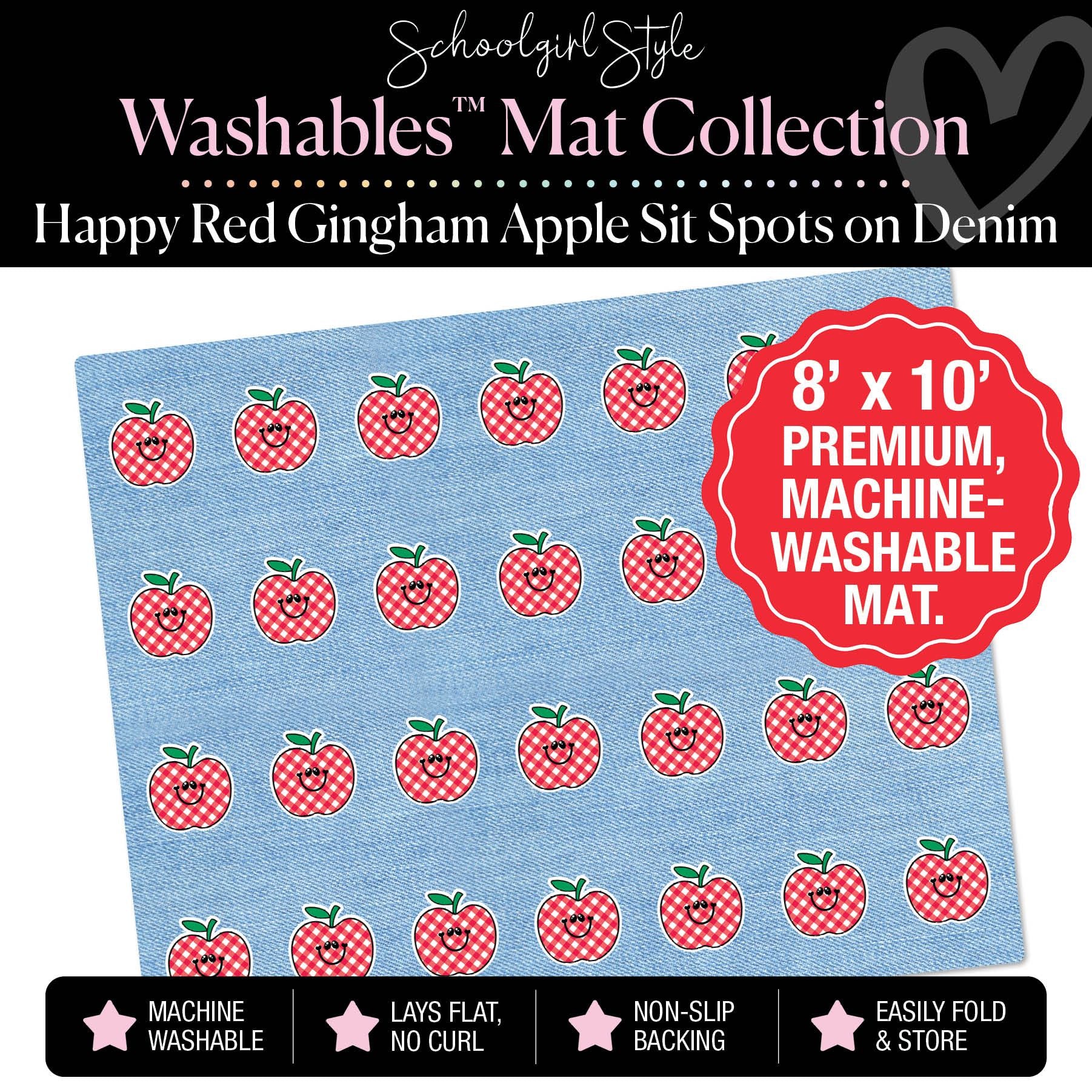 Happy Red Gingham Apple Sit Spots on Denim Classroom Mat by Schoolgirl Style