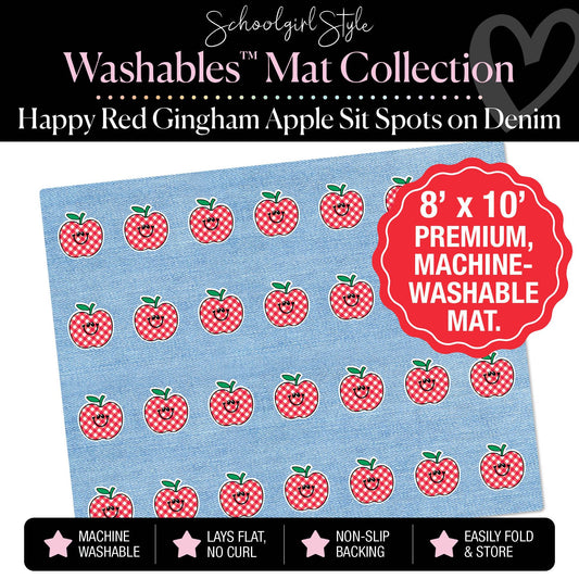 Happy Red Gingham Apple Sit Spots on Denim Classroom Mat by Schoolgirl Style