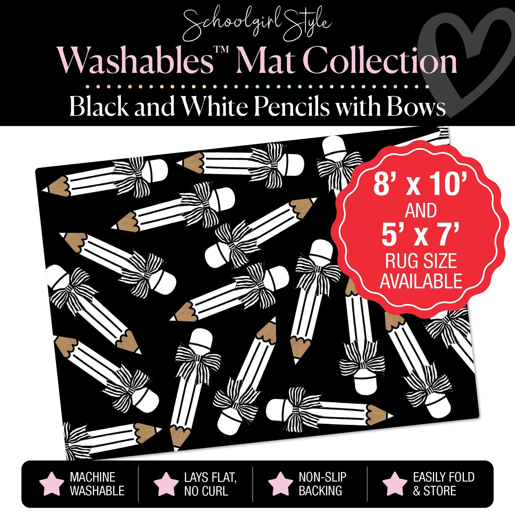Scattered Black and White Pencils with Bows Classroom Mat by Schoolgirl Style